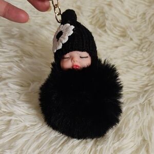 Black Fur Pom Pom Keychain with Doll Face